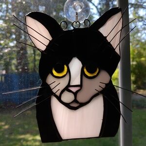 Handmade stained glass tuxedo cat